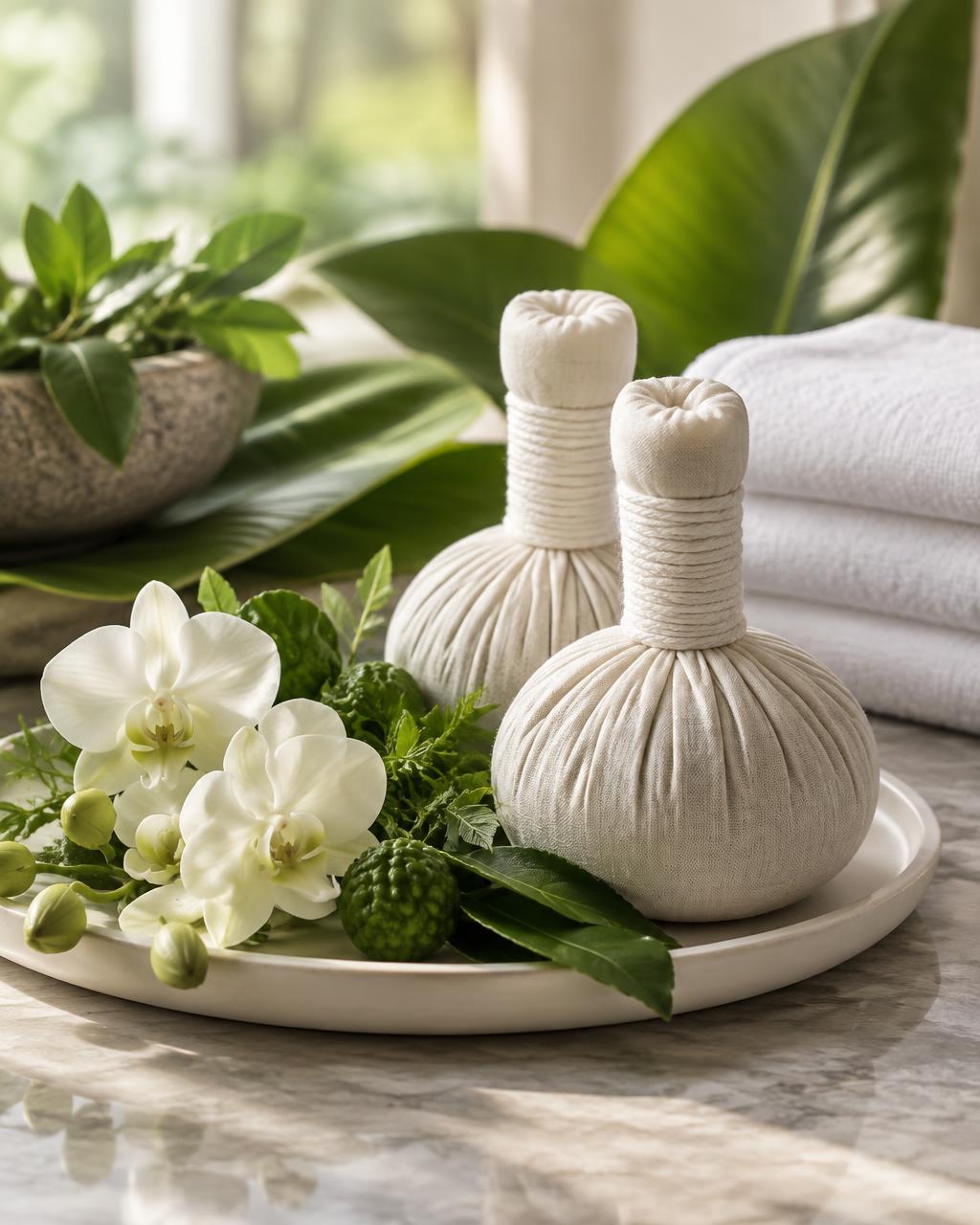Traditional Thai herbal compresses with fresh herbs and orchids